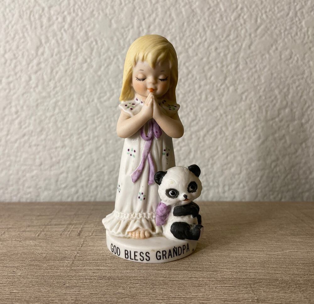 Vintage George Good Porcelain Bisque God Bless Grandpa Little Girl Praying